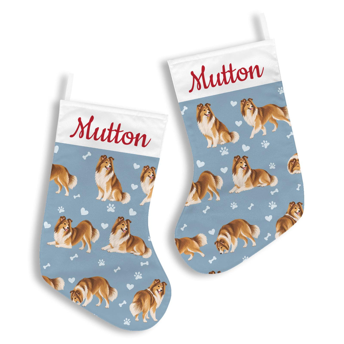 Shetland Sheepdog Christmas stocking on dusty blue background with example name Mutton in red script on the white cuff; view 3.