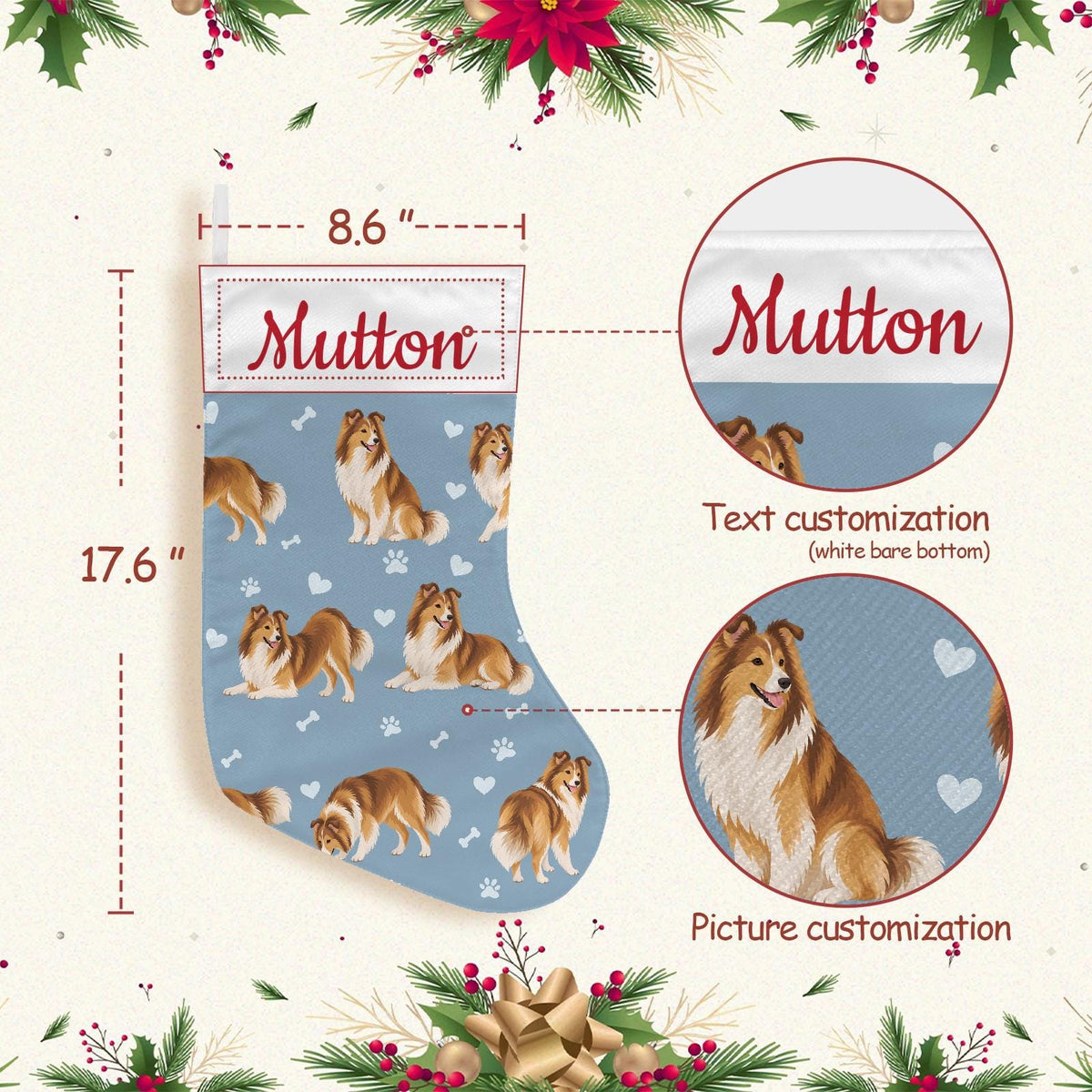 Shetland Sheepdog Christmas stocking on dusty blue background with example name Mutton in red script on the white cuff; view 4.