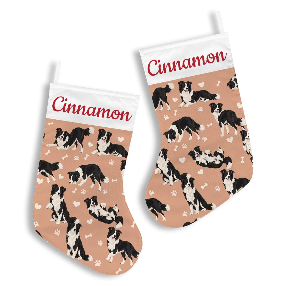 Border Collie Christmas stocking on peach background with example name Cinnamon in red script on the white cuff; view 3.