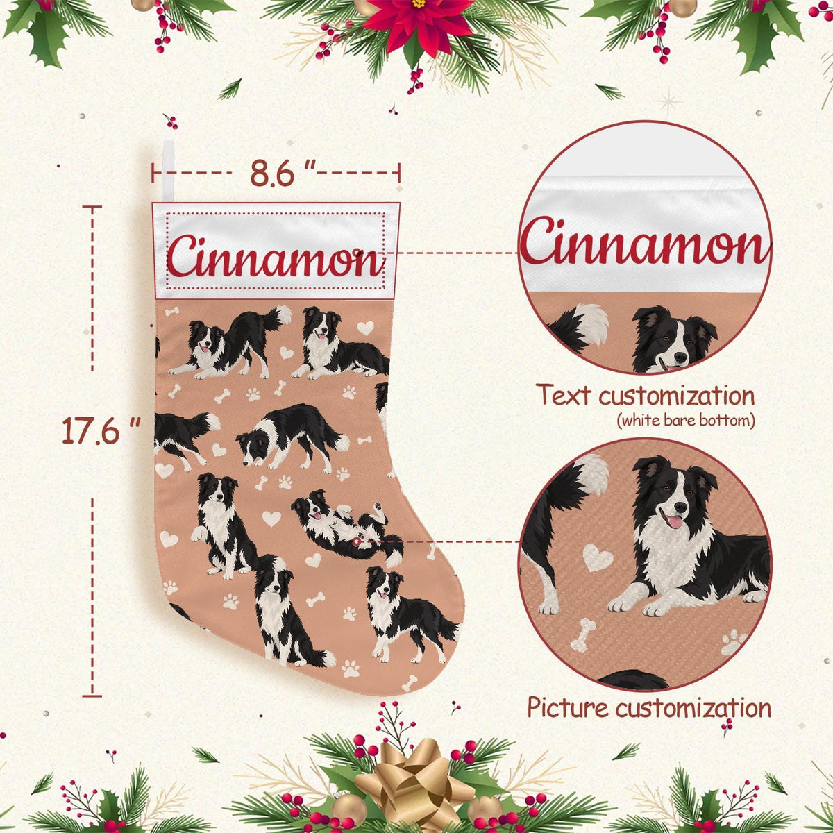 Border Collie Christmas stocking on peach background with example name Cinnamon in red script on the white cuff; view 4.