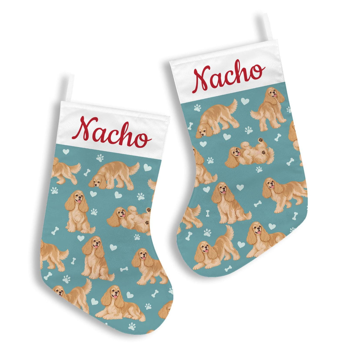 Cocker Spaniel Christmas stocking on muted teal background with example name Nacho in red script on the white cuff; view 3.