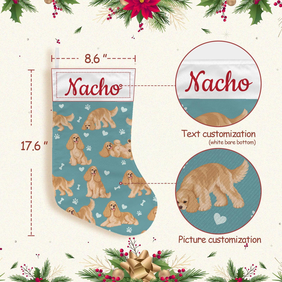 Cocker Spaniel Christmas stocking on muted teal background with example name Nacho in red script on the white cuff; view 4.