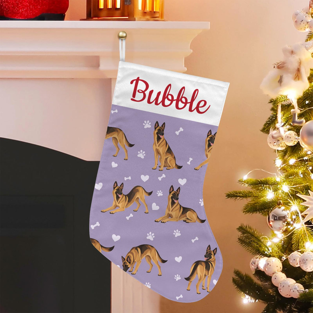 Belgian Malinois Christmas stocking on soft lavender background with example name Bubble in red script on the white cuff; view 1.