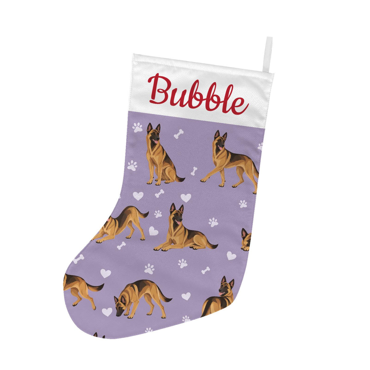 Belgian Malinois Christmas stocking on soft lavender background with example name Bubble in red script on the white cuff; view 2.