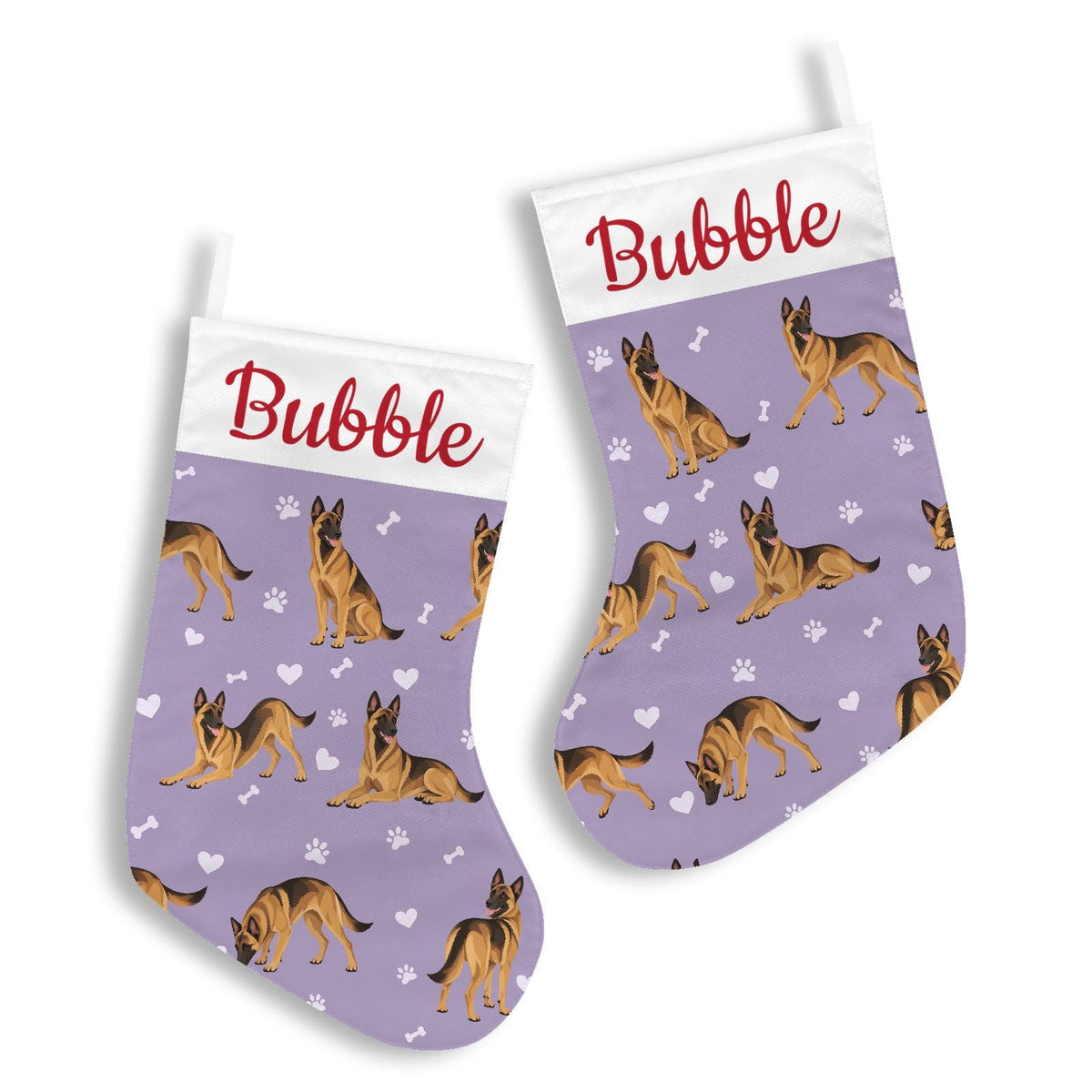 Belgian Malinois Christmas stocking on soft lavender background with example name Bubble in red script on the white cuff; view 3.