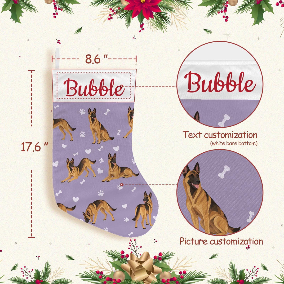 Belgian Malinois Christmas stocking on soft lavender background with example name Bubble in red script on the white cuff; view 4.
