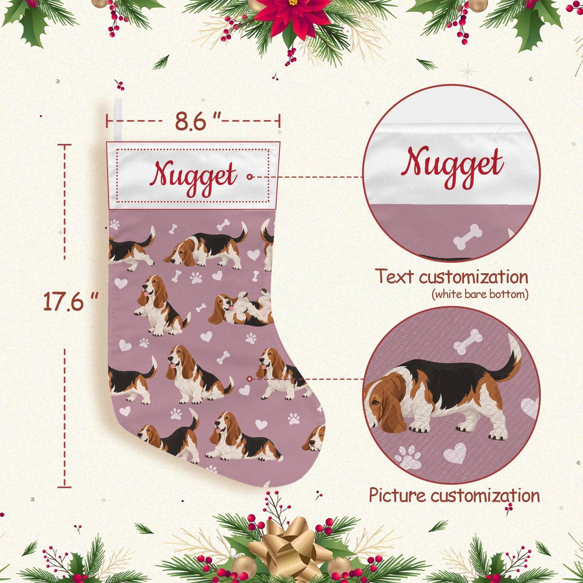 Basset Hound Christmas stocking on dusty rose background with example name Nugget in red script on the white cuff; view 4.