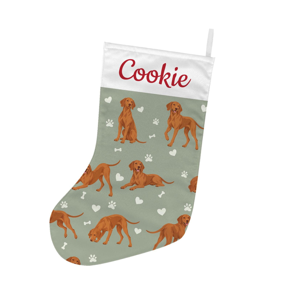 Vizsla Christmas stocking on soft sage background with example name Cookie in red script on the white cuff; view 2.