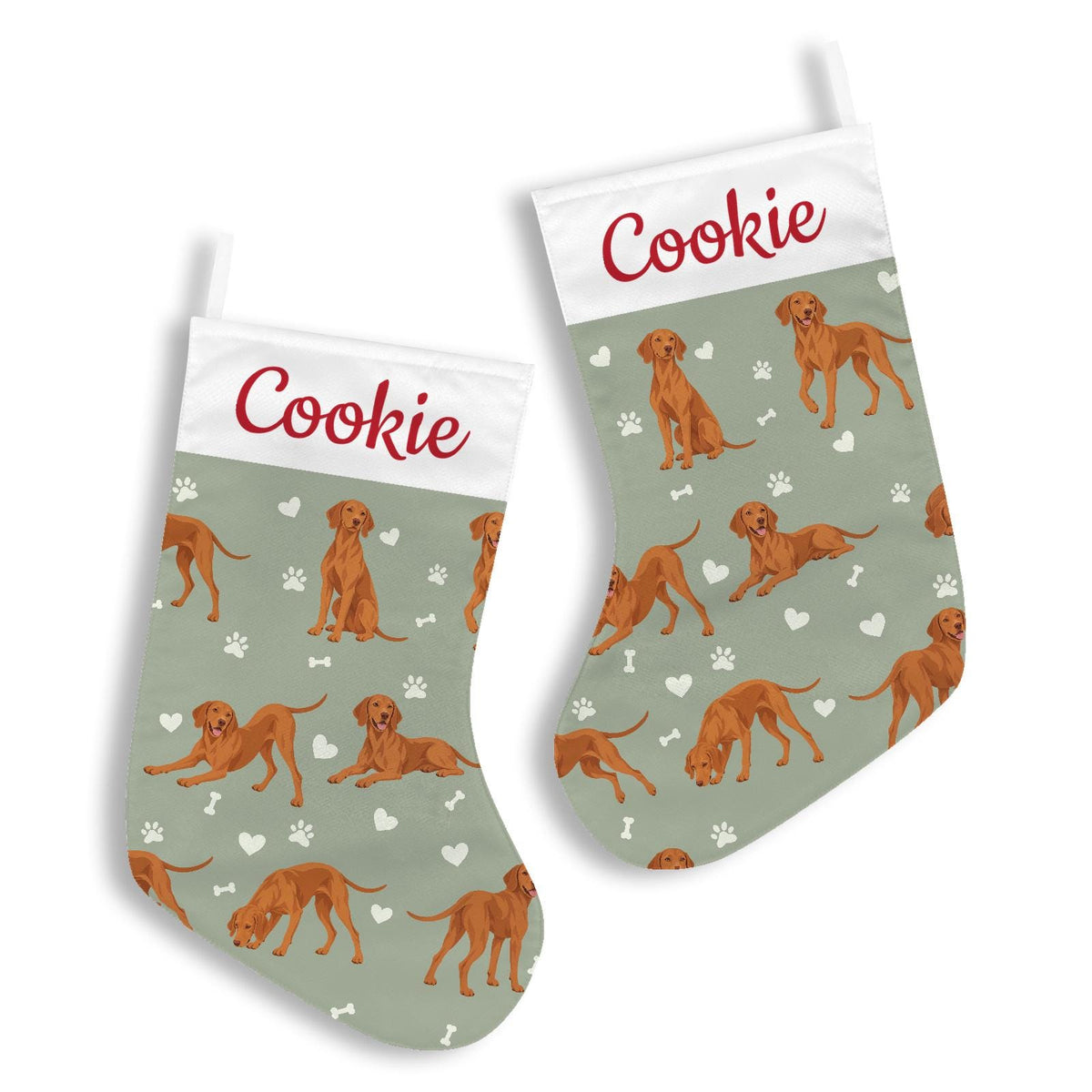Vizsla Christmas stocking on soft sage background with example name Cookie in red script on the white cuff; view 3.