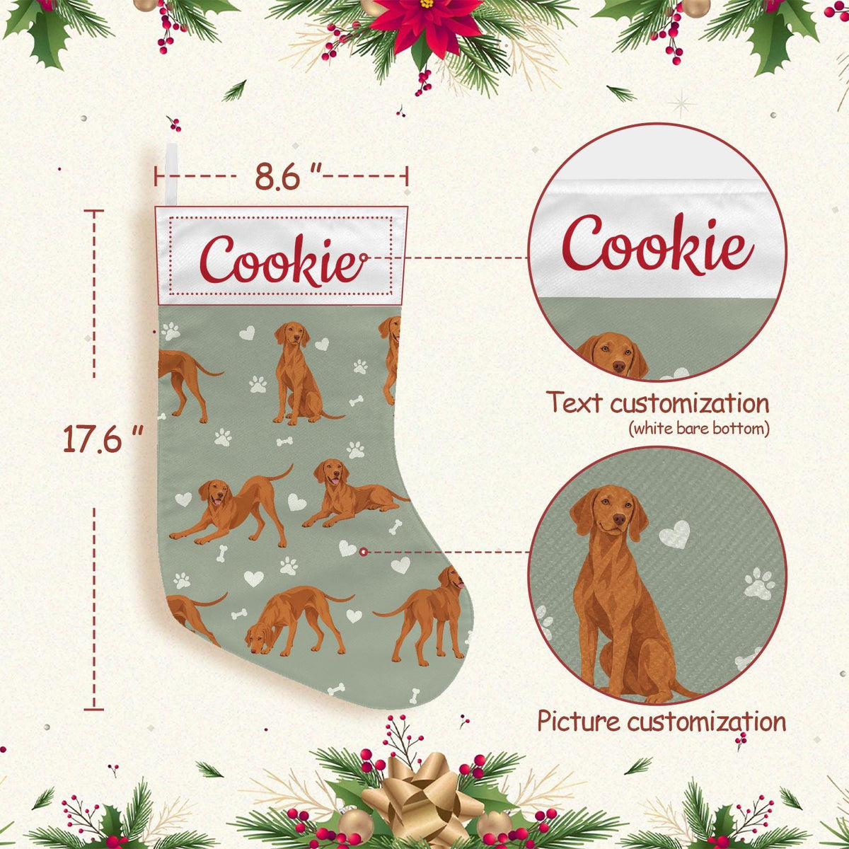 Vizsla Christmas stocking on soft sage background with example name Cookie in red script on the white cuff; view 4.