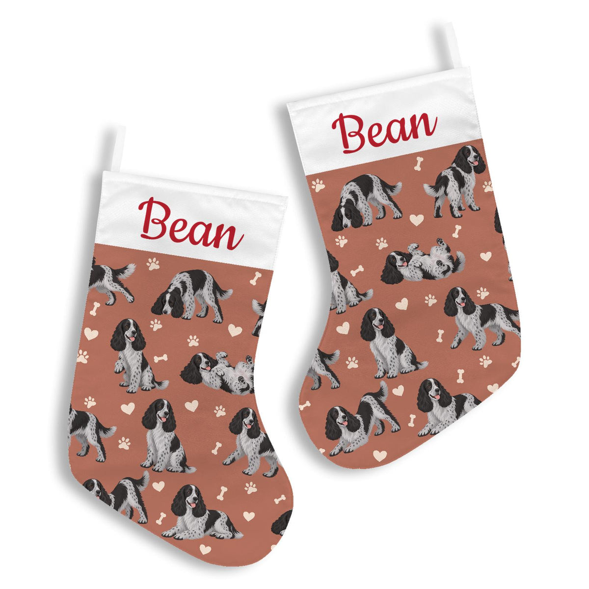 English Cocker Spaniel Christmas stocking on muted terracotta background with example name Bean in red script on the white cuff; view 3.