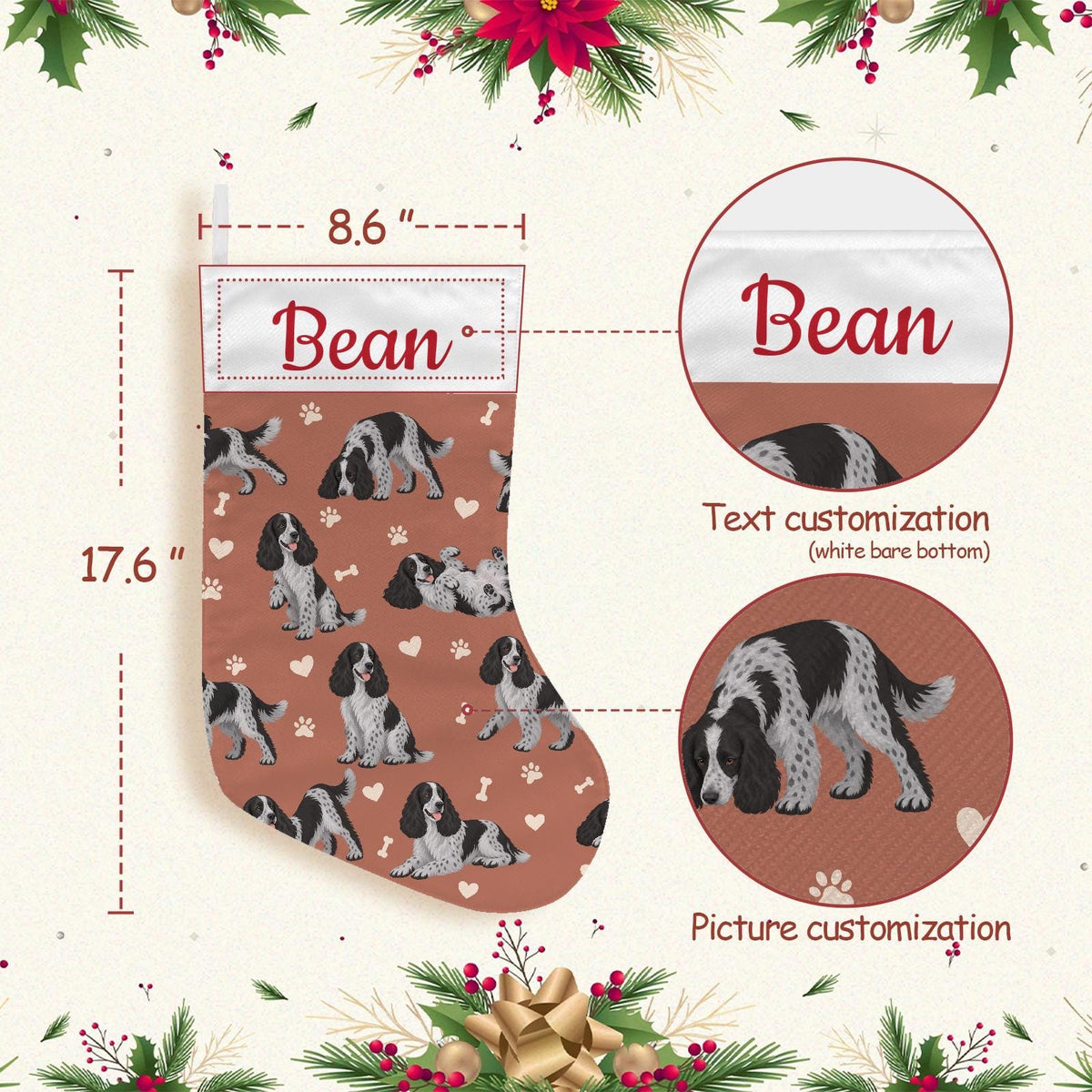 English Cocker Spaniel Christmas stocking on muted terracotta background with example name Bean in red script on the white cuff; view 4.