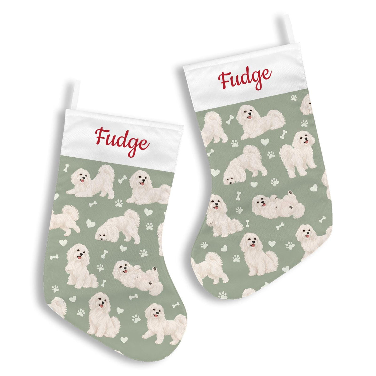 Maltese Christmas stocking on soft sage background with example name Fudge in red script on the white cuff; view 3.
