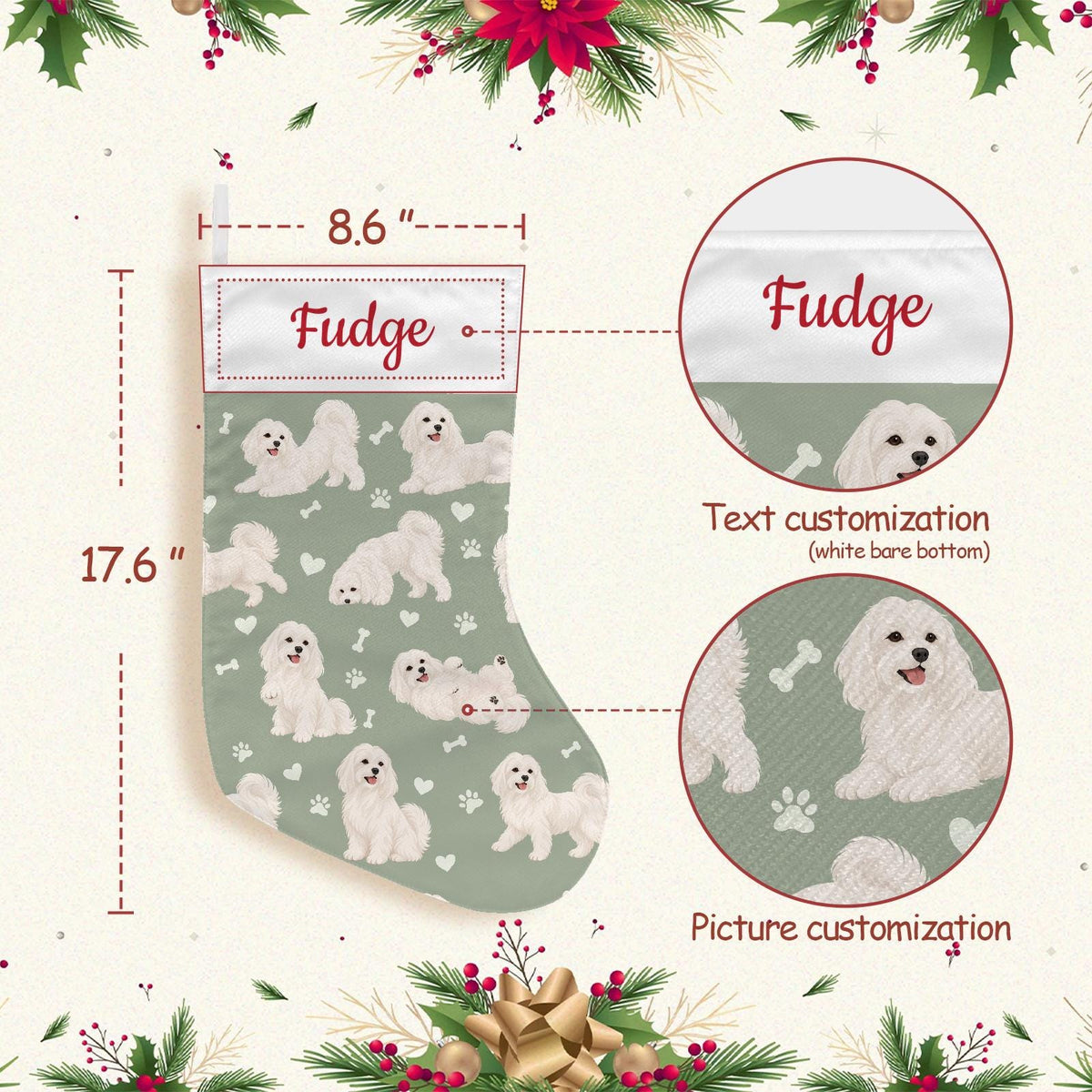 Maltese Christmas stocking on soft sage background with example name Fudge in red script on the white cuff; view 4.