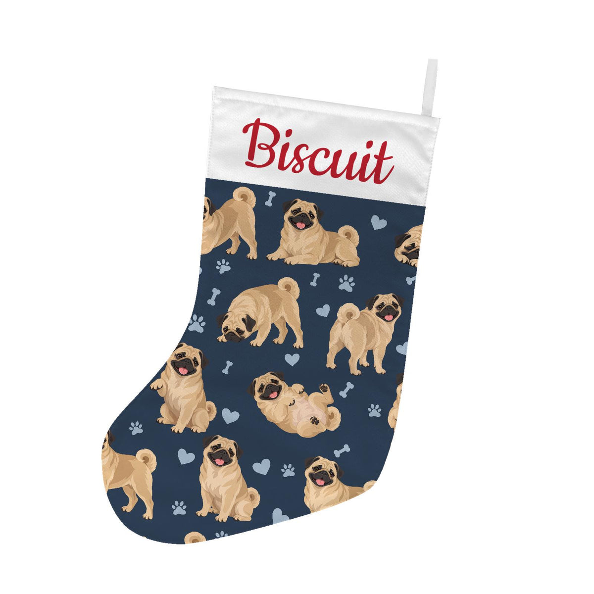 Pug Christmas stocking on deep navy background with example name Biscuit in red script on the white cuff; view 2.