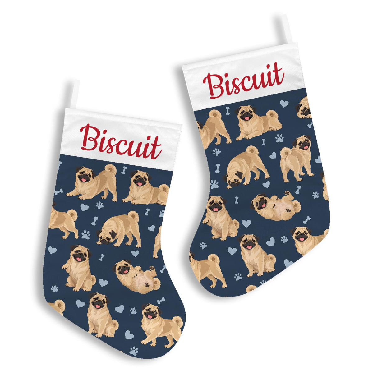 Pug Christmas stocking on deep navy background with example name Biscuit in red script on the white cuff; view 3.
