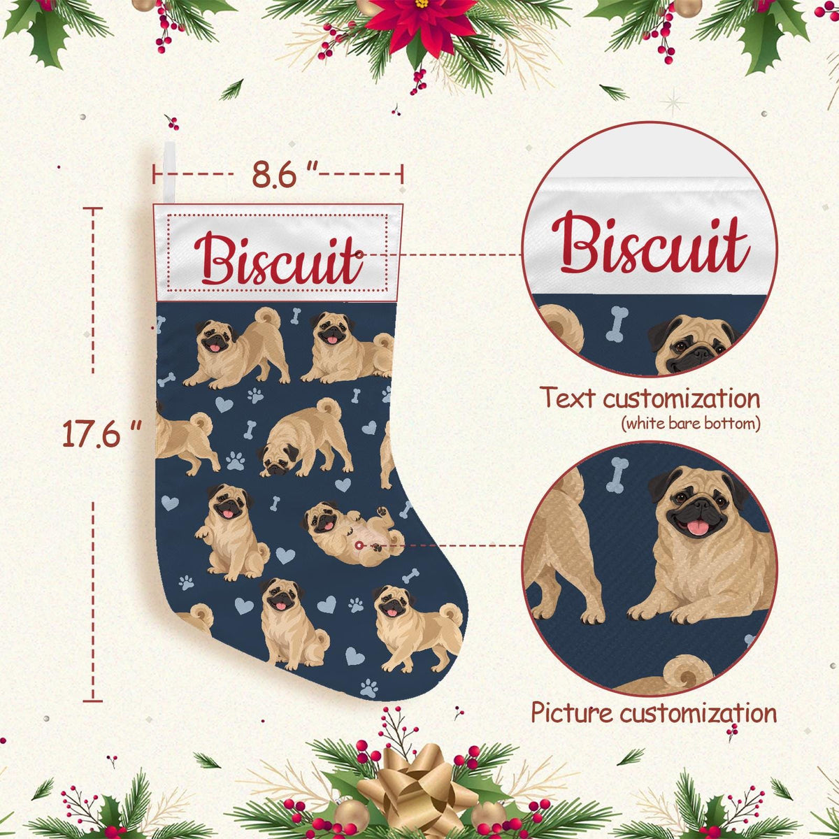 Pug Christmas stocking on deep navy background with example name Biscuit in red script on the white cuff; view 4.