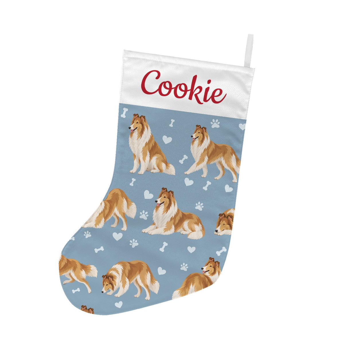 Collie Christmas stocking on dusty blue background with example name Cookie in red script on the white cuff; view 2.