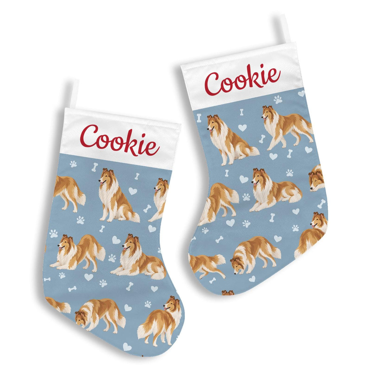 Collie Christmas stocking on dusty blue background with example name Cookie in red script on the white cuff; view 3.