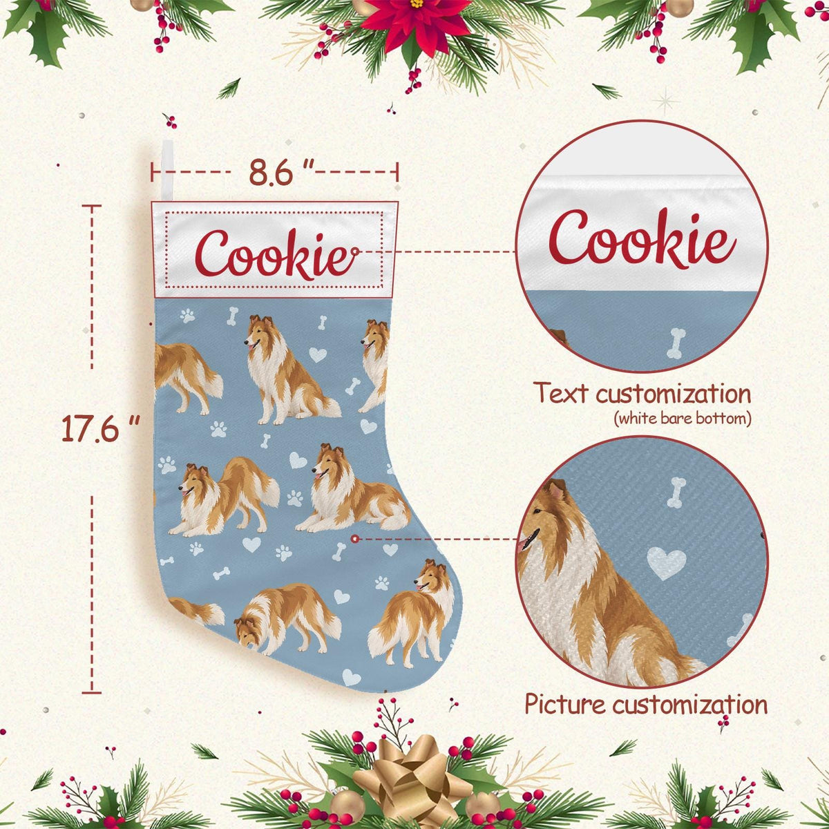 Collie Christmas stocking on dusty blue background with example name Cookie in red script on the white cuff; view 4.