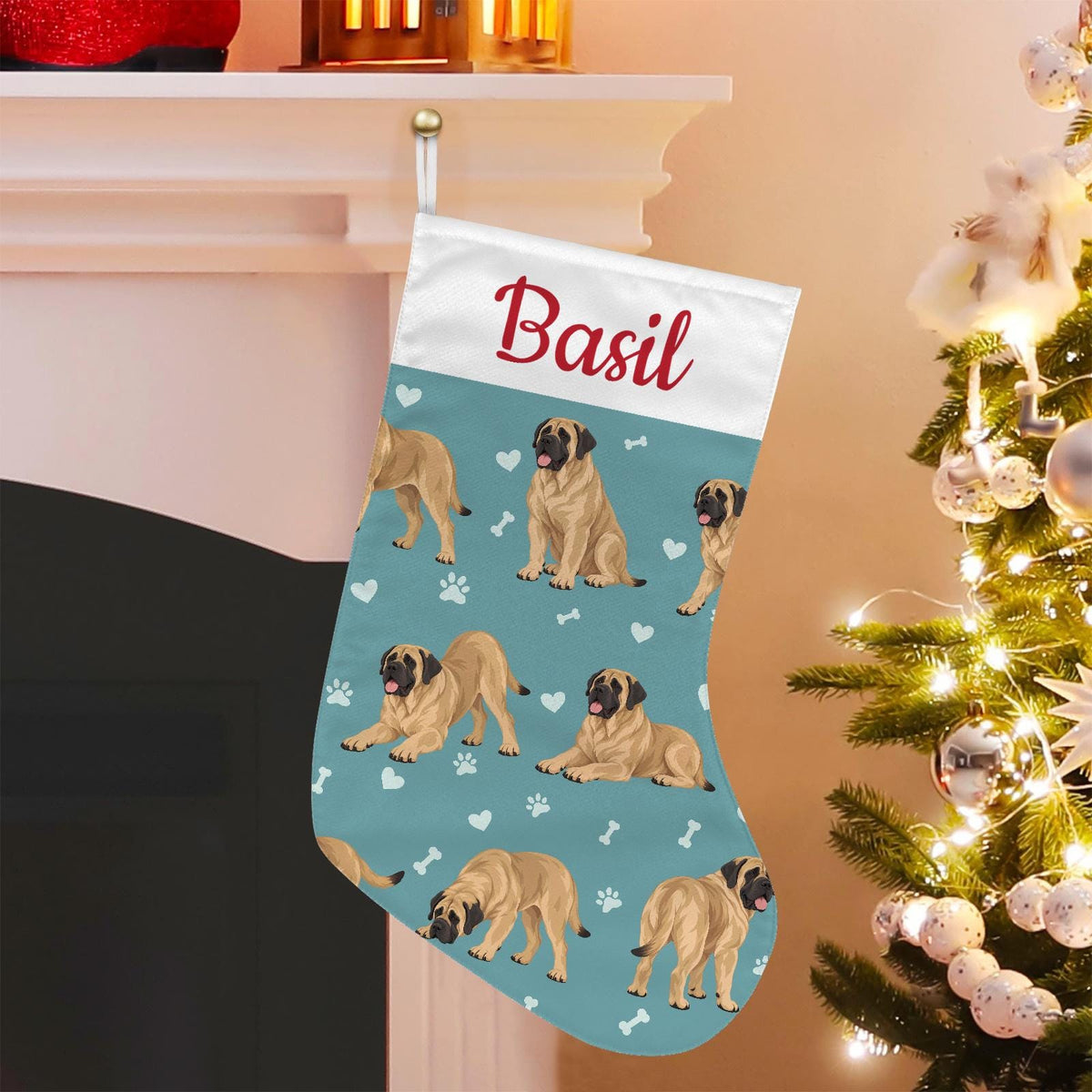 Mastiff Christmas stocking on muted teal background with example name Basil in red script on the white cuff; view 1.