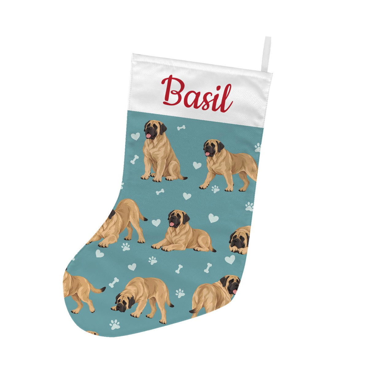 Mastiff Christmas stocking on muted teal background with example name Basil in red script on the white cuff; view 2.