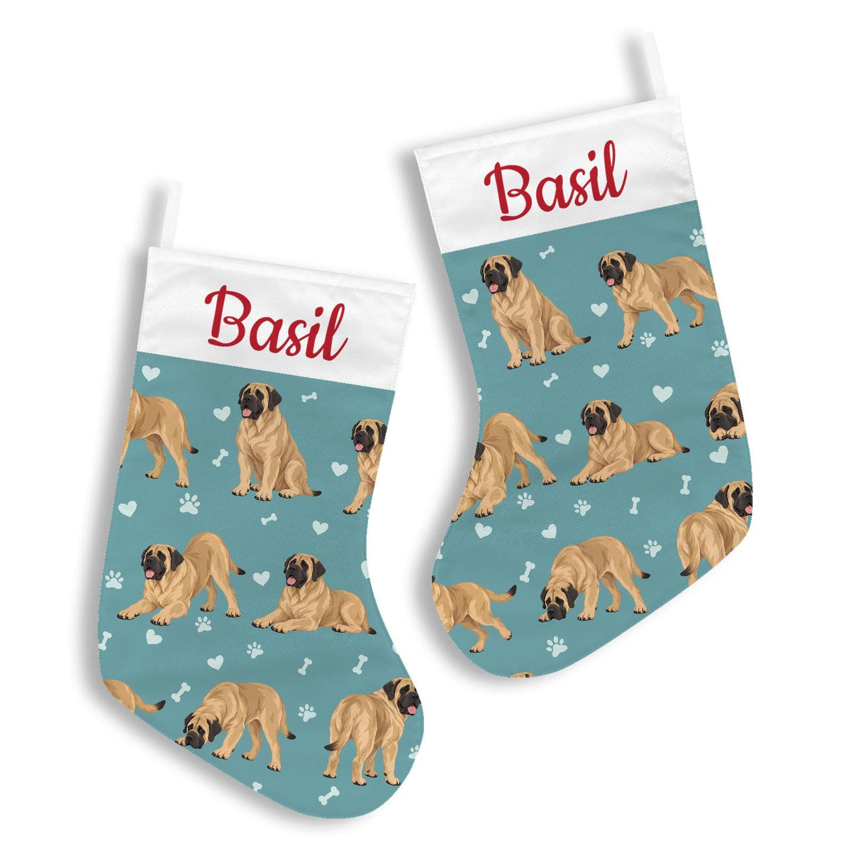 Mastiff Christmas stocking on muted teal background with example name Basil in red script on the white cuff; view 3.