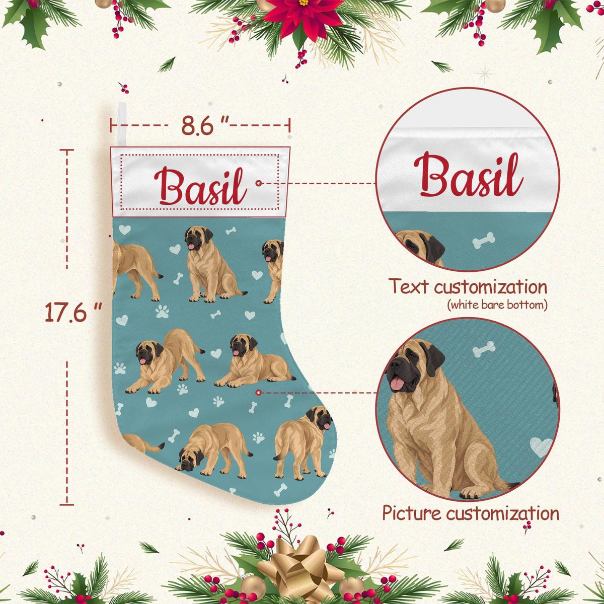 Mastiff Christmas stocking on muted teal background with example name Basil in red script on the white cuff; view 4.