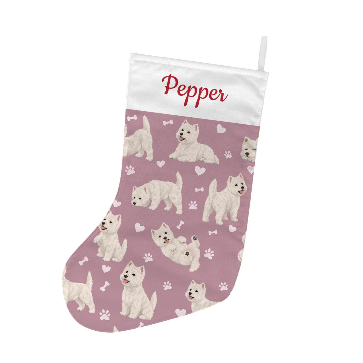 West Highland White Terrier Christmas stocking on dusty rose background with example name Pepper in red script on the white cuff; view 2.