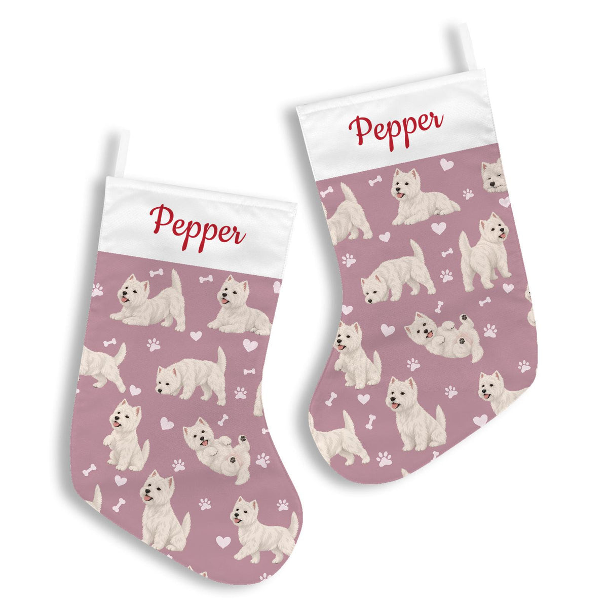 West Highland White Terrier Christmas stocking on dusty rose background with example name Pepper in red script on the white cuff; view 3.