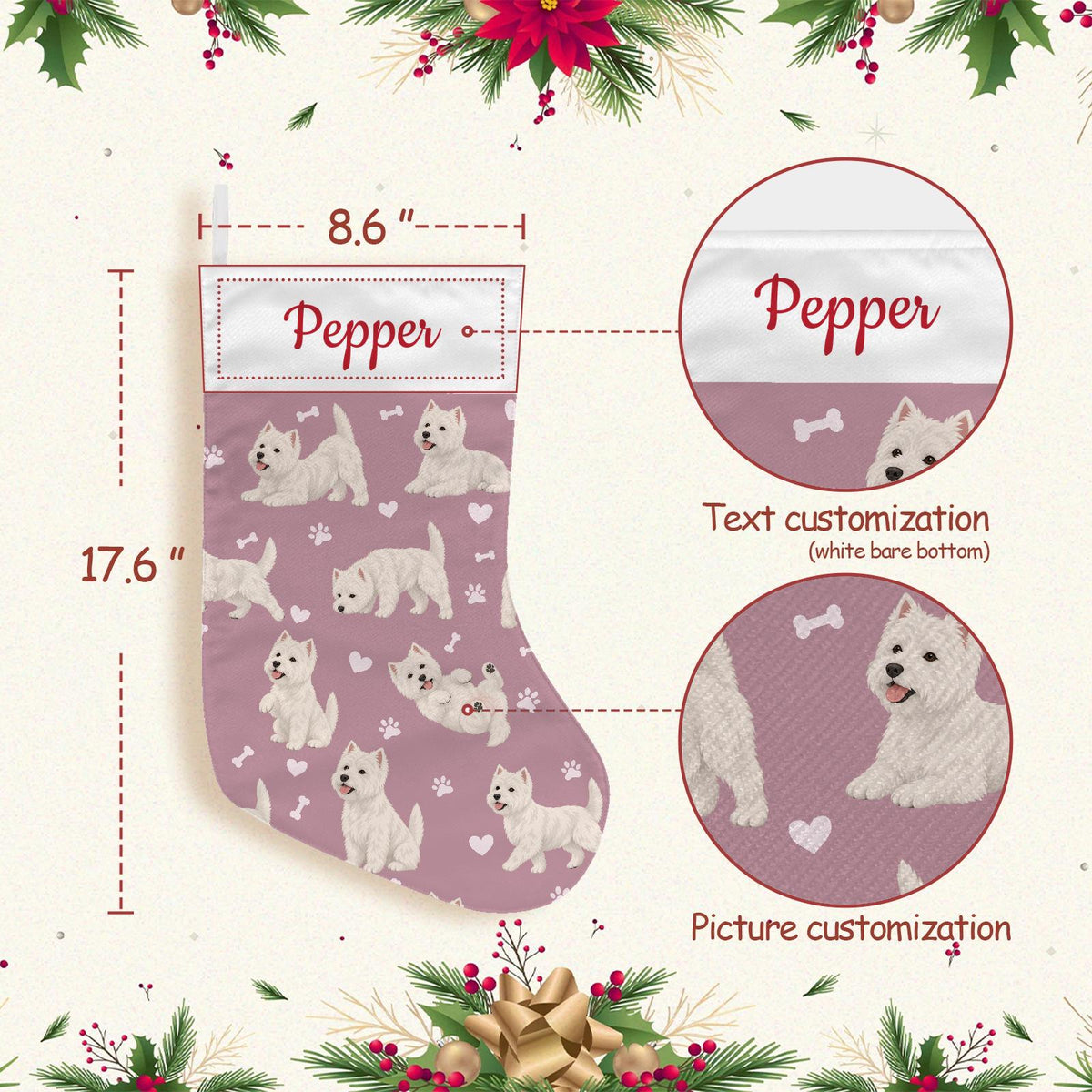 West Highland White Terrier Christmas stocking on dusty rose background with example name Pepper in red script on the white cuff; view 4.