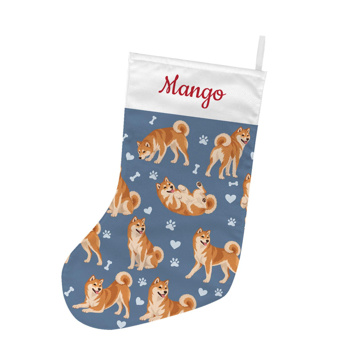 Shiba Inu Christmas stocking on slate blue background with example name Mango in red script on the white cuff; view 2.