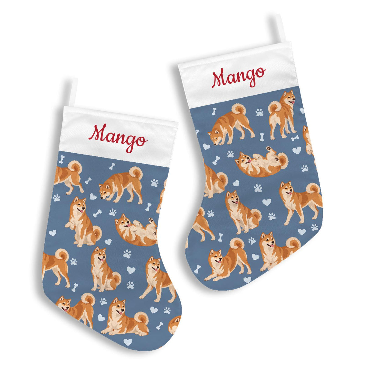 Shiba Inu Christmas stocking on slate blue background with example name Mango in red script on the white cuff; view 3.