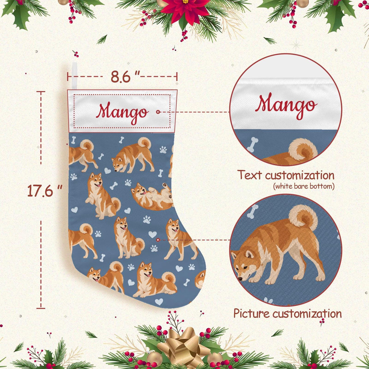Shiba Inu Christmas stocking on slate blue background with example name Mango in red script on the white cuff; view 4.