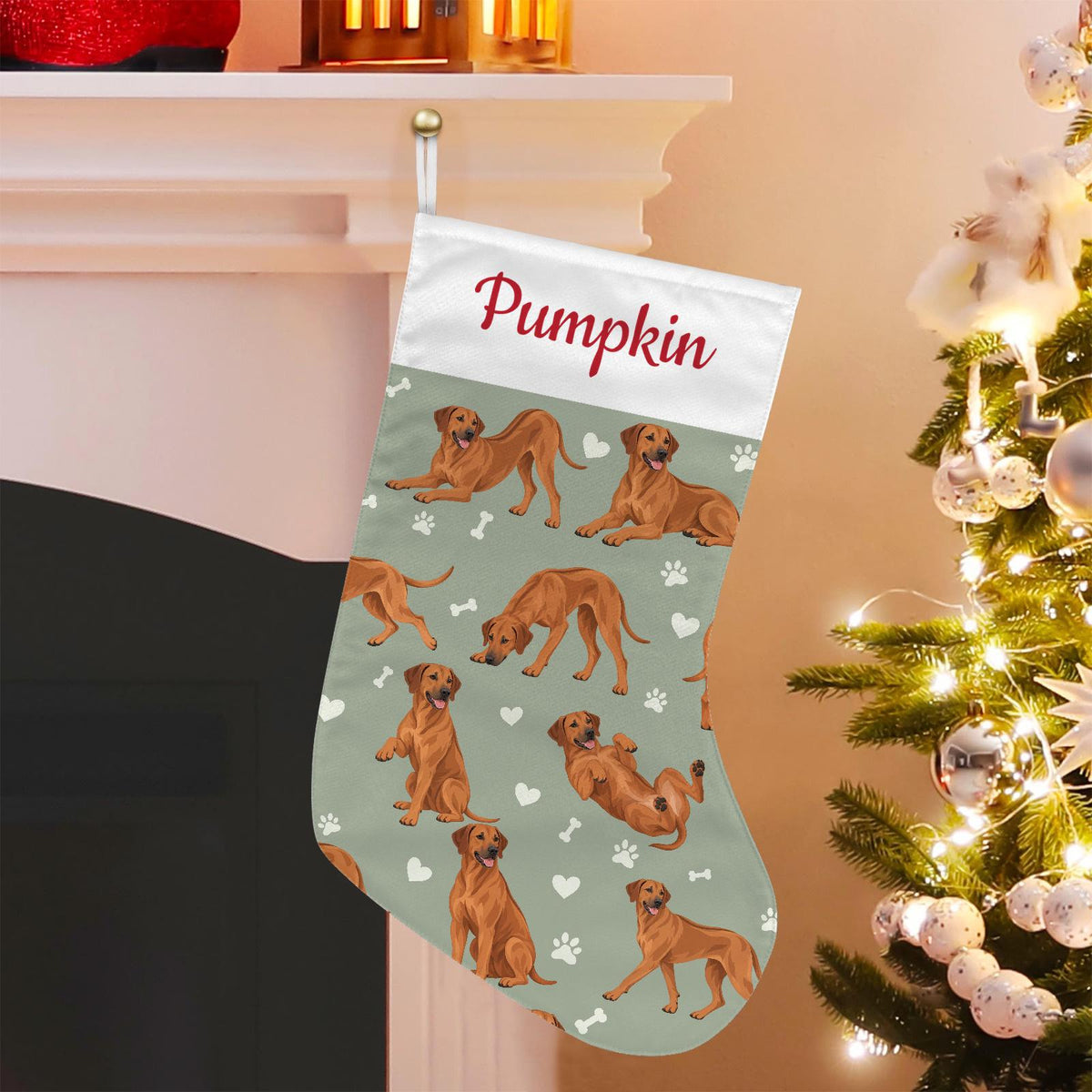 Rhodesian Ridgeback Christmas stocking on soft sage background with example name Pumpkin in red script on the white cuff; view 1.