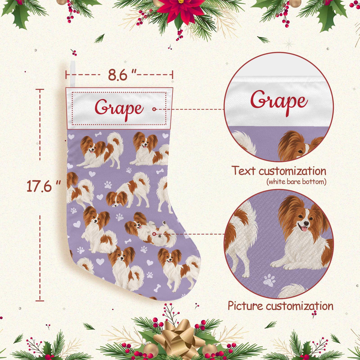 Papillon Christmas stocking on soft lavender background with example name Grape in red script on the white cuff; view 4.