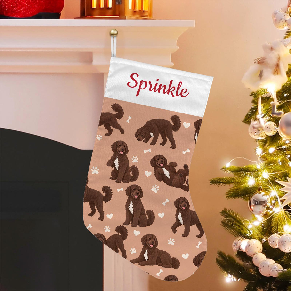 Portuguese Water Dog Christmas stocking on peach background with example name Sprinkle in red script on the white cuff; view 1.