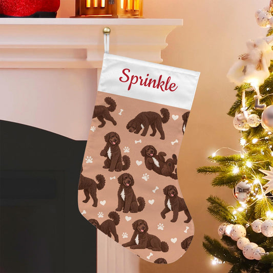Portuguese Water Dog Christmas stocking on peach background with example name Sprinkle in red script on the white cuff; view 1.