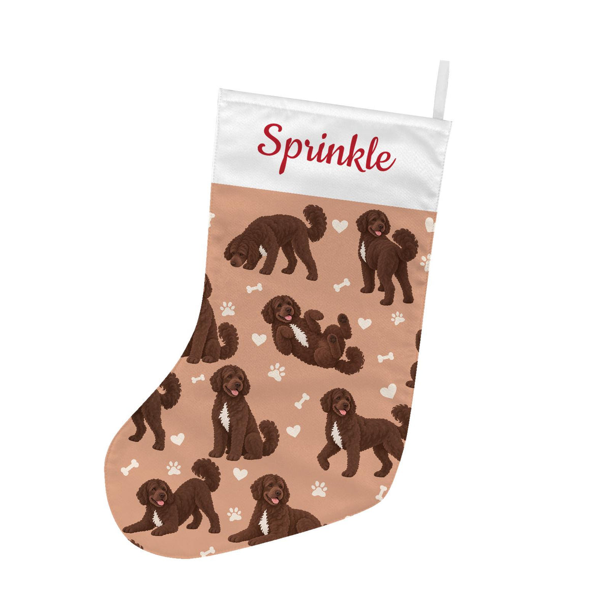 Portuguese Water Dog Christmas stocking on peach background with example name Sprinkle in red script on the white cuff; view 2.