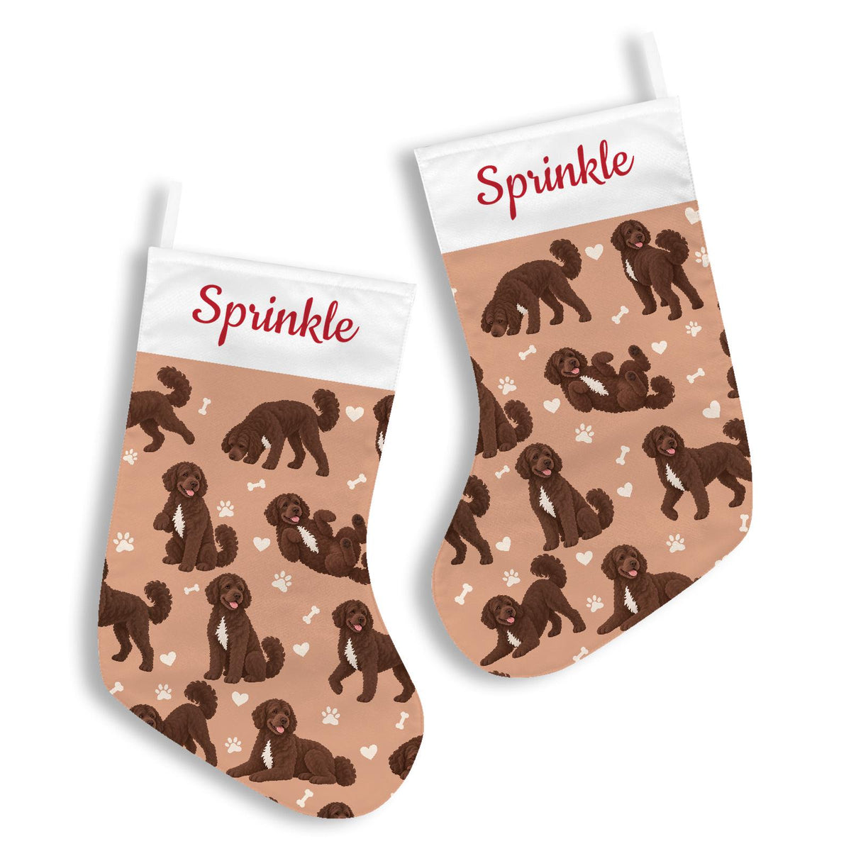 Portuguese Water Dog Christmas stocking on peach background with example name Sprinkle in red script on the white cuff; view 3.