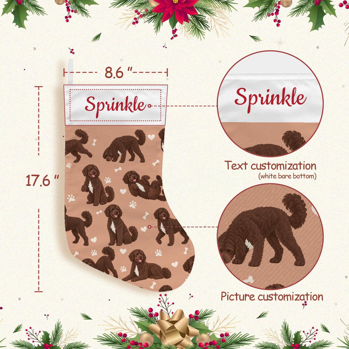Portuguese Water Dog Christmas stocking on peach background with example name Sprinkle in red script on the white cuff; view 4.