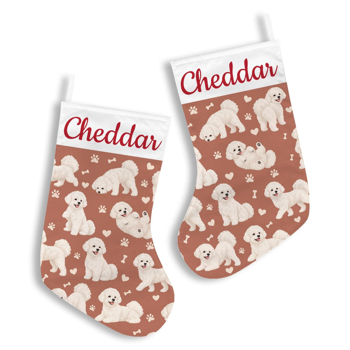Bichon Frise Christmas stocking on muted terracotta background with example name Cheddar in red script on the white cuff; view 3.