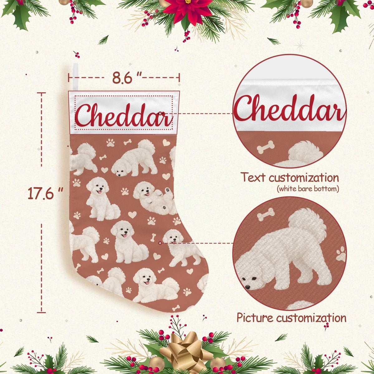 Bichon Frise Christmas stocking on muted terracotta background with example name Cheddar in red script on the white cuff; view 4.