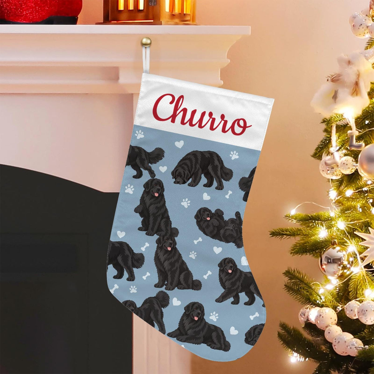 Newfoundland Christmas stocking on dusty blue background with example name Churro in red script on the white cuff; view 1.
