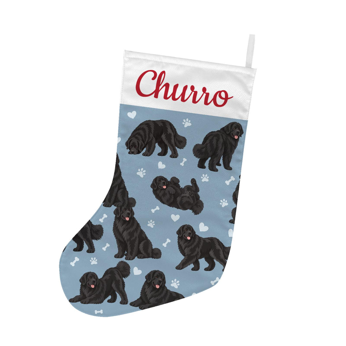 Newfoundland Christmas stocking on dusty blue background with example name Churro in red script on the white cuff; view 2.