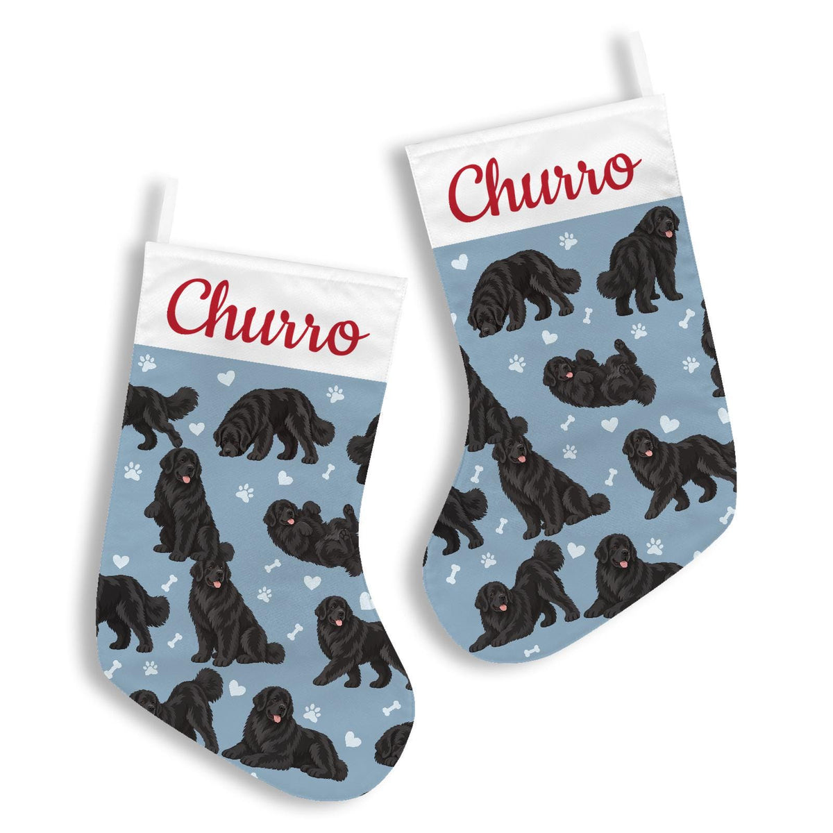 Newfoundland Christmas stocking on dusty blue background with example name Churro in red script on the white cuff; view 3.