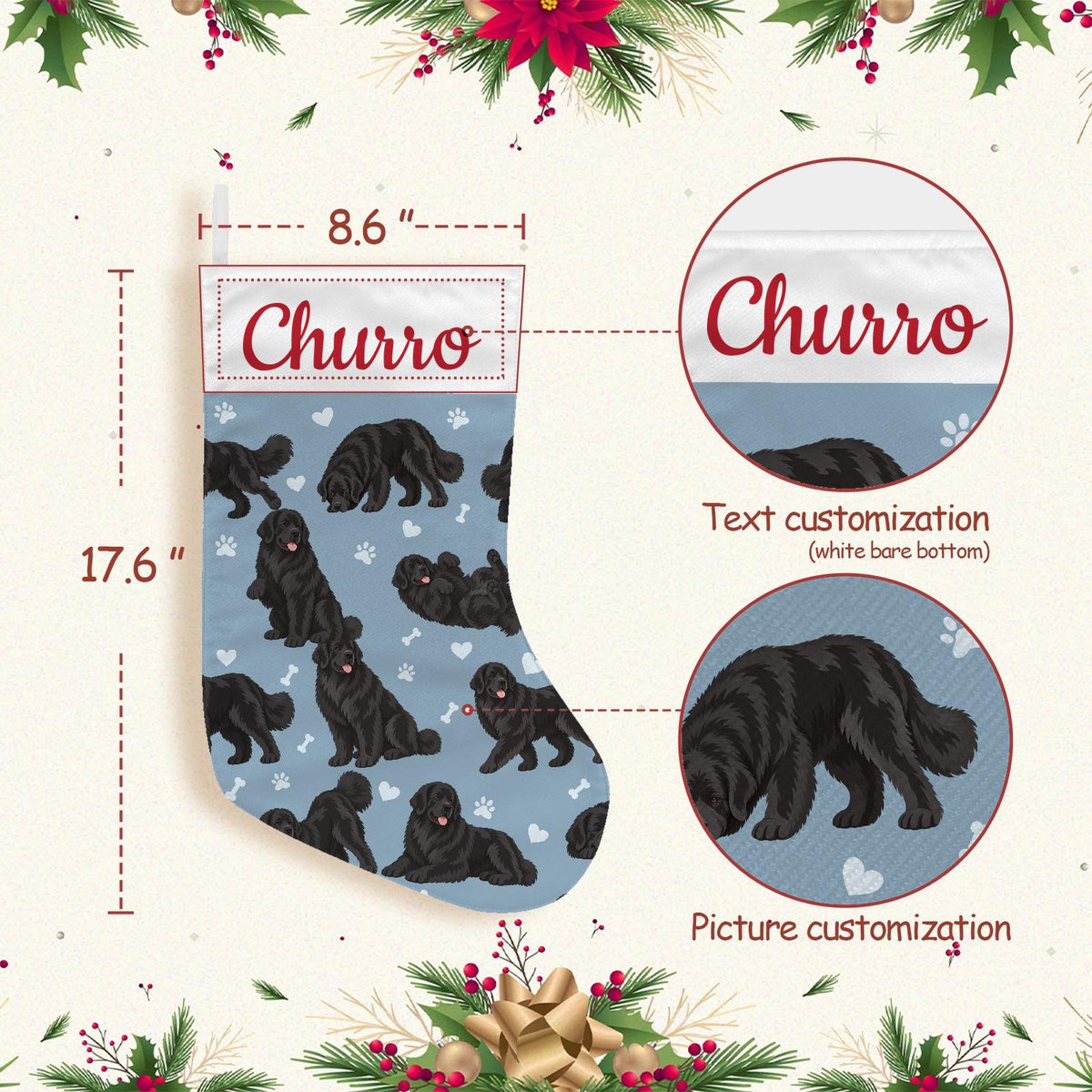 Newfoundland Christmas stocking on dusty blue background with example name Churro in red script on the white cuff; view 4.