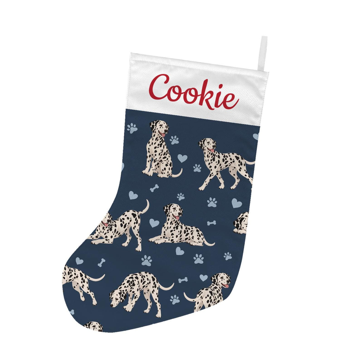 Dalmatian Christmas stocking on deep navy background with example name Cookie in red script on the white cuff; view 2.