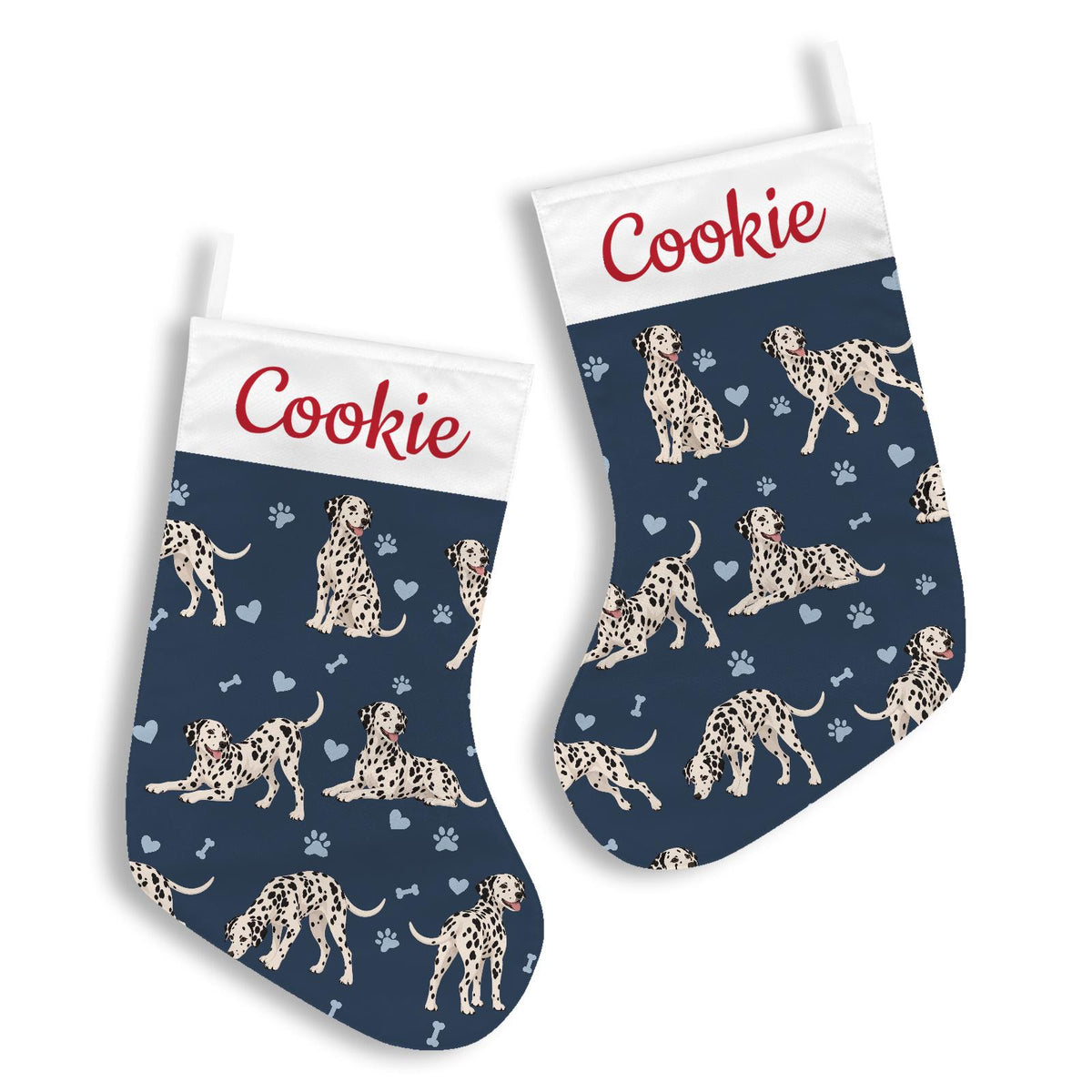 Dalmatian Christmas stocking on deep navy background with example name Cookie in red script on the white cuff; view 3.
