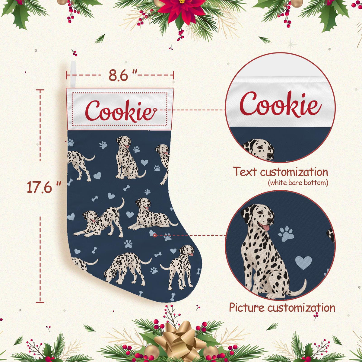 Dalmatian Christmas stocking on deep navy background with example name Cookie in red script on the white cuff; view 4.